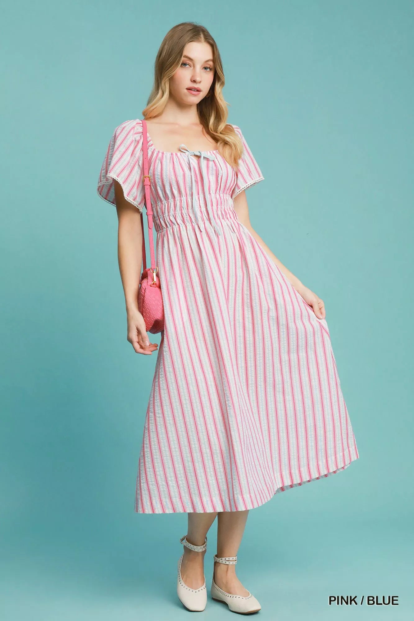 Smocked Striped Short Sleeve Midi Dress