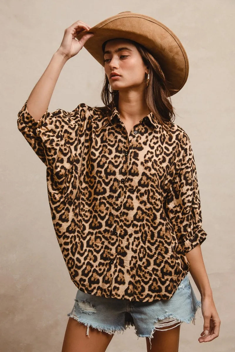 Leopard Prints Overseized Short Sleeves Top