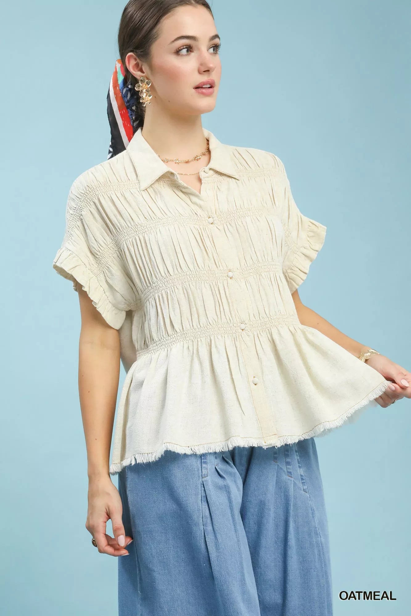 Washed Linen Blend Smocked Shirt