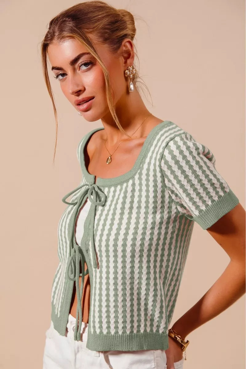 Tie Front Textured Vertical Stripe Knit Cardigan