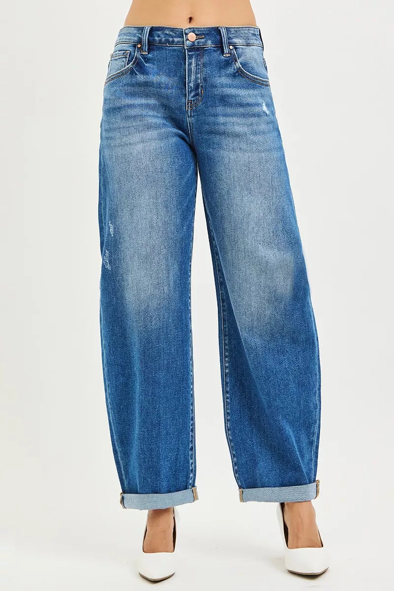 Full Size Mid Rise Barrel Double Roll Up Jeans Plus Size