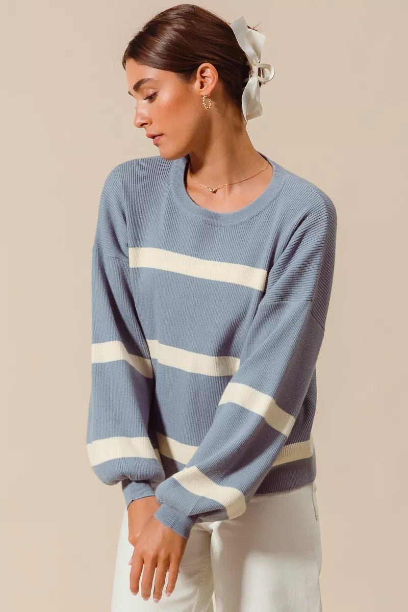Ribbed Striped Round Neck Sweater