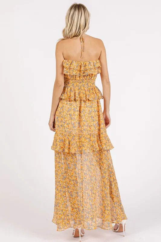 Ruffled Smocked Floral Halter Neck Maxi Dress