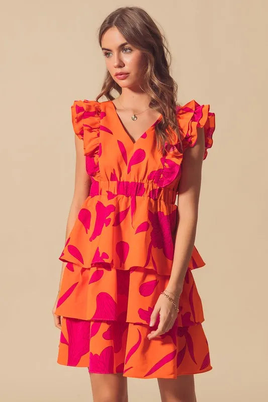 Floral V Neck Layered Dress with Elasticized Waist