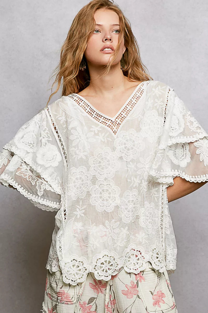 Floral Crochet Short Sleeve Blouse