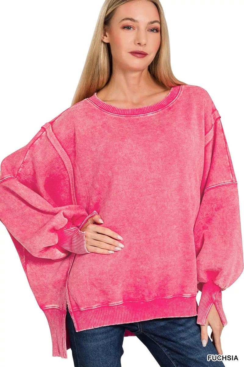 Acid Washed Batwing Sleeve Fleece Sweatshirt
