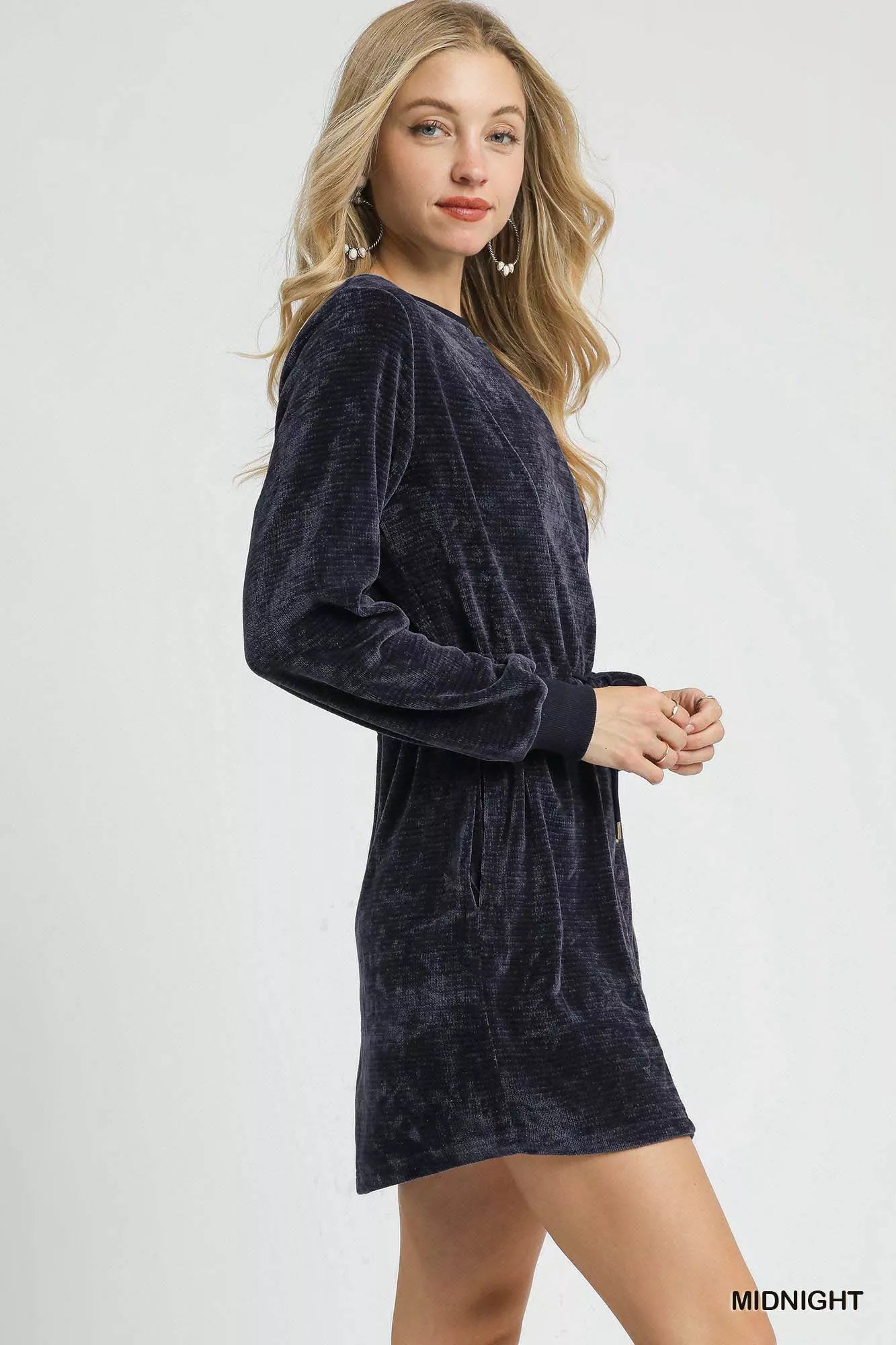 Velour Drawstring Mini Dress with Long Sleeves