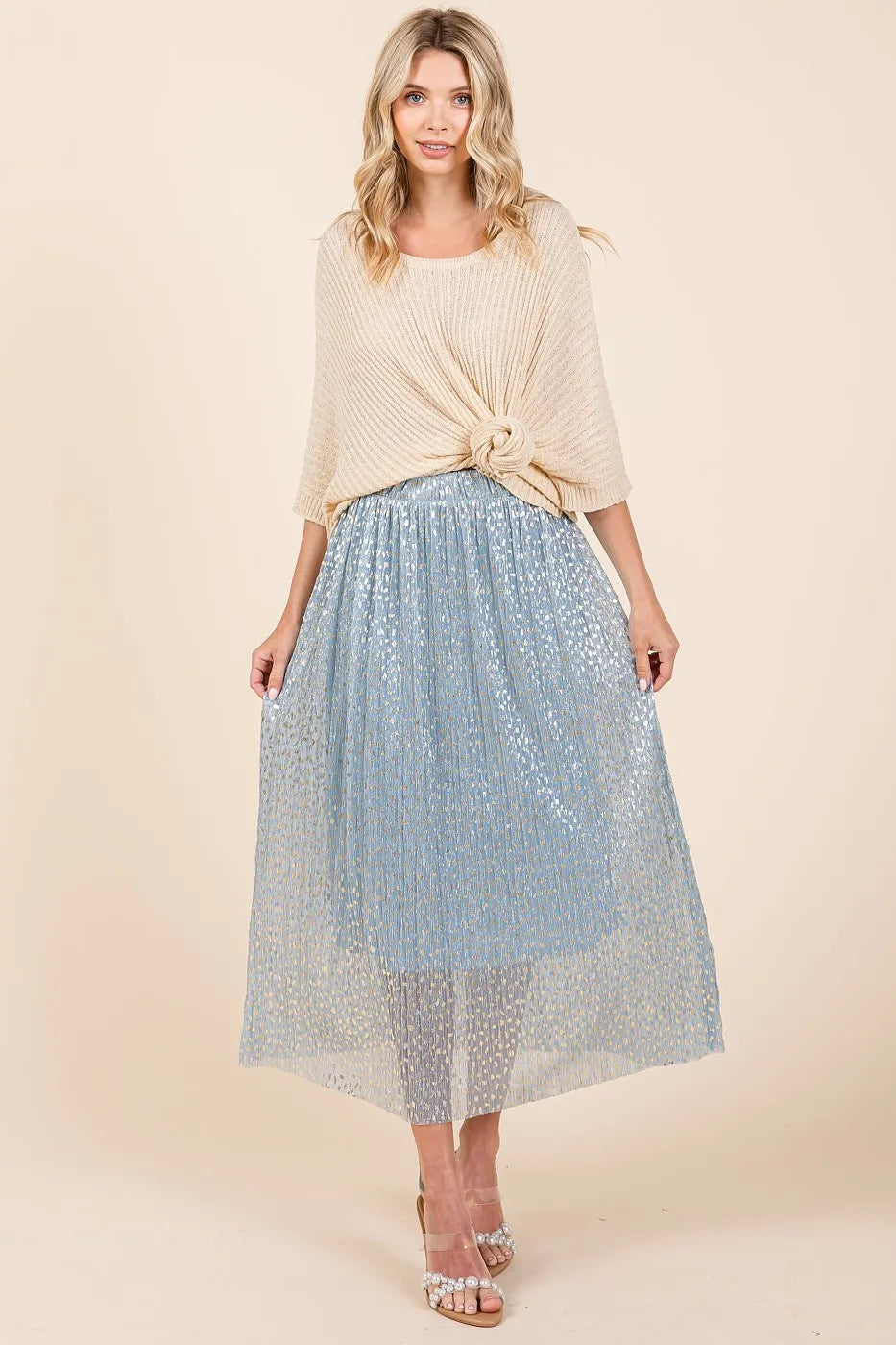 Metallic Glitter Speckle Print Elastic Midi Skirt
