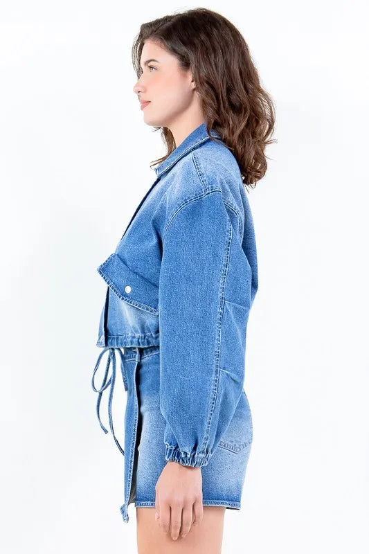 Full Size Drop Shoulder Cropped Denim Jacket with Waist Strap Plus Size