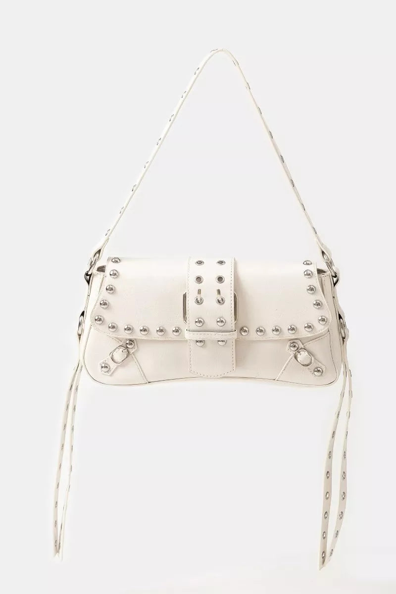 Glossy Faux Leather Rivet Trim Shoulder Bag