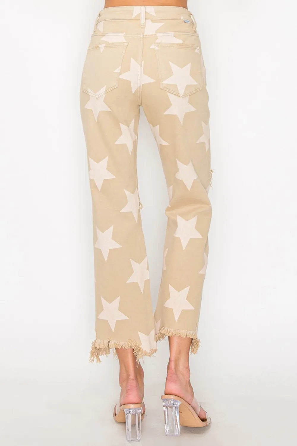 Full Size High Rise Star Printed Frayed Hem Jeans