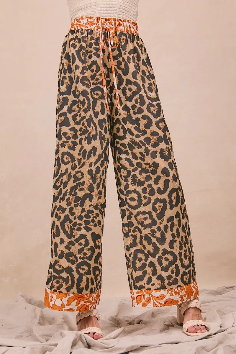 Leopard Print With Contrast Banded Wide Pants