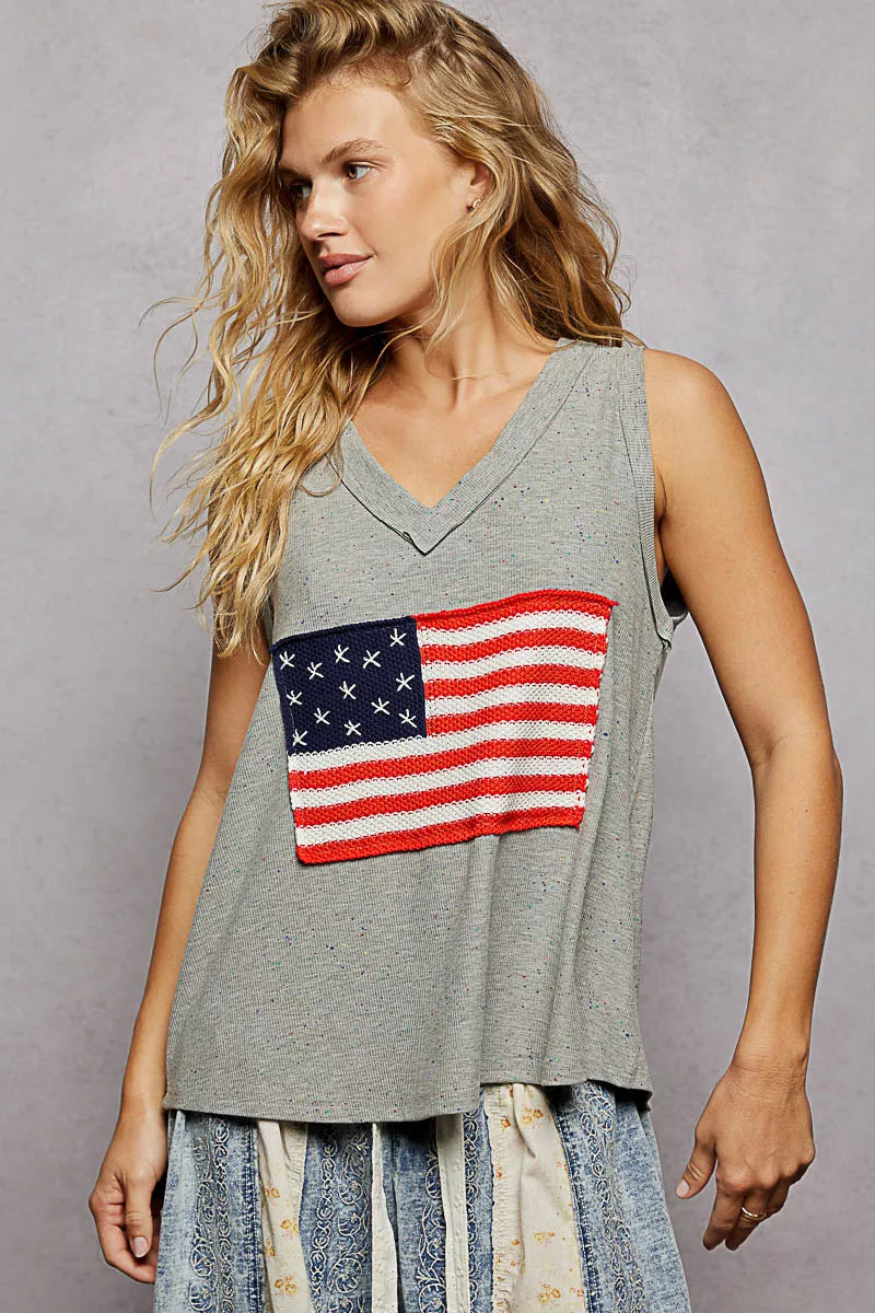 V-Neck Ribbed Tank with American Flag Patch and Star Back Patch