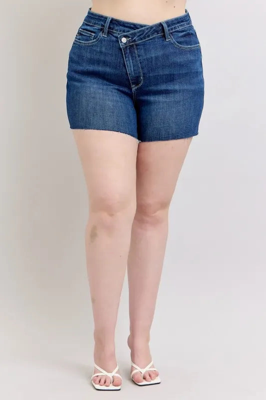 Plus Size High Waist Criss-Cross Waistband Denim Shorts