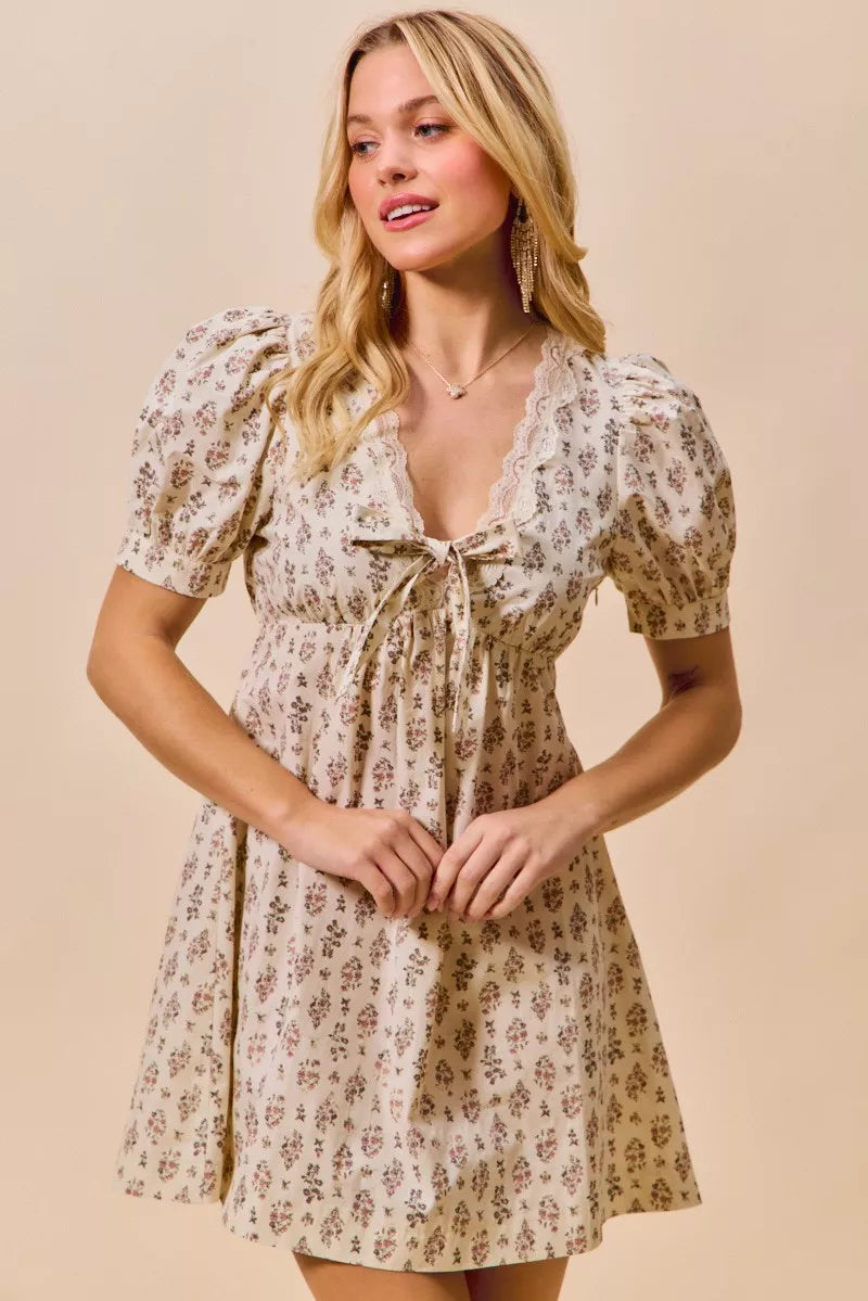 Floral Print Lace Trim Short Sleeves Mini Dress