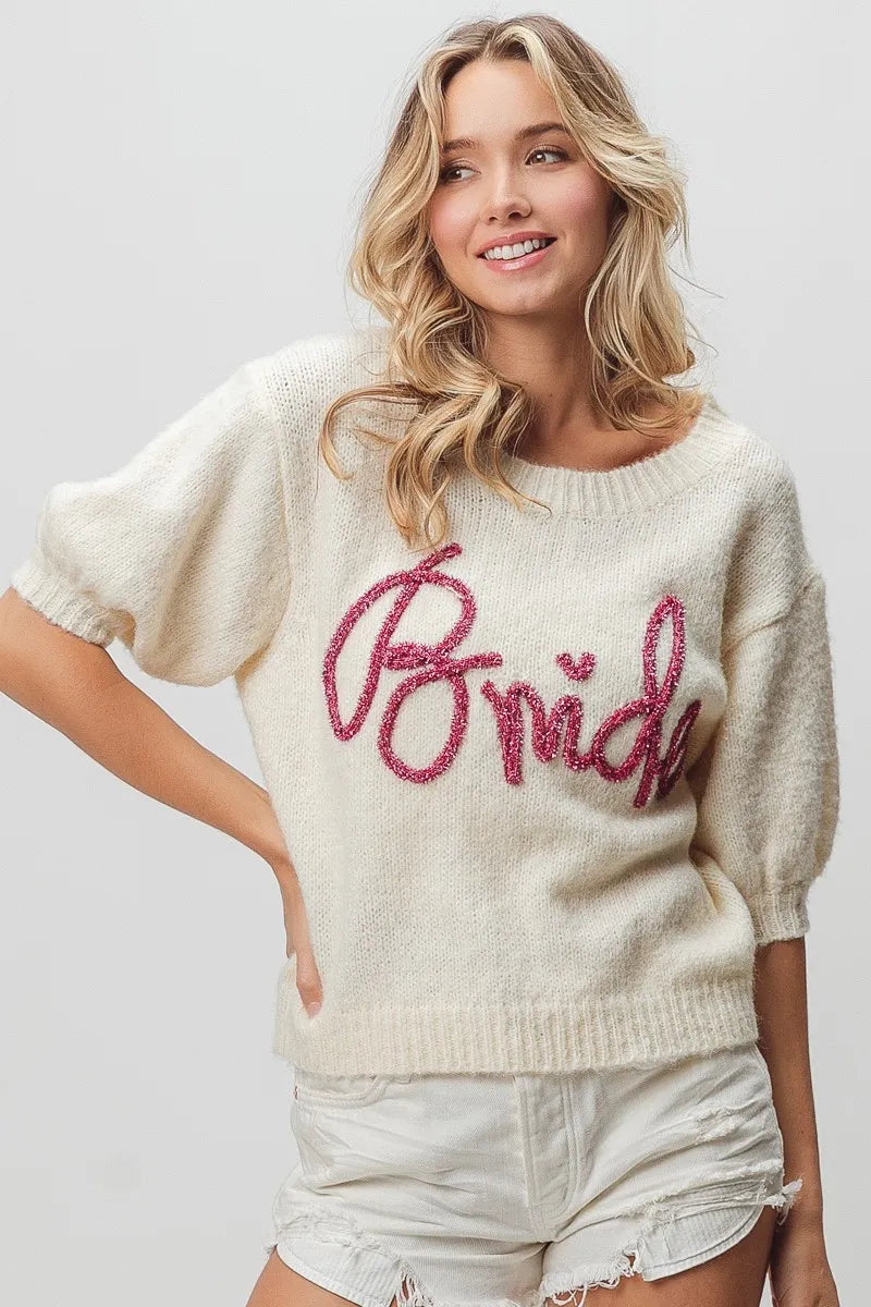 Metallic Letter Short Puff Sleeve Hairy Sweater