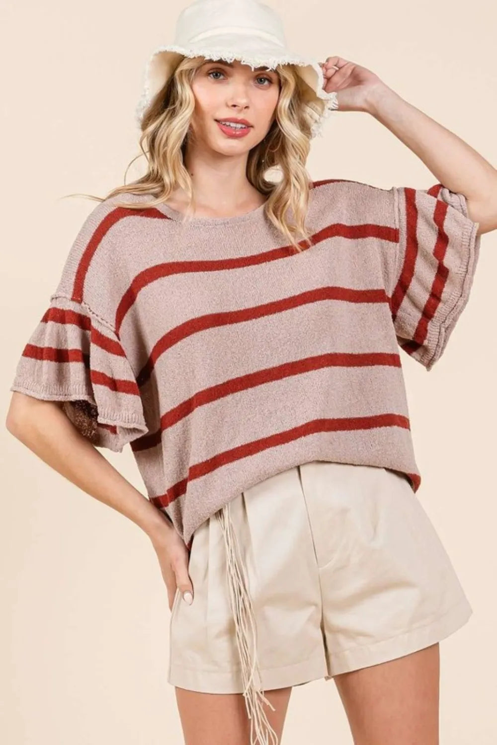 Striped Flounce Sleeve Knit Top