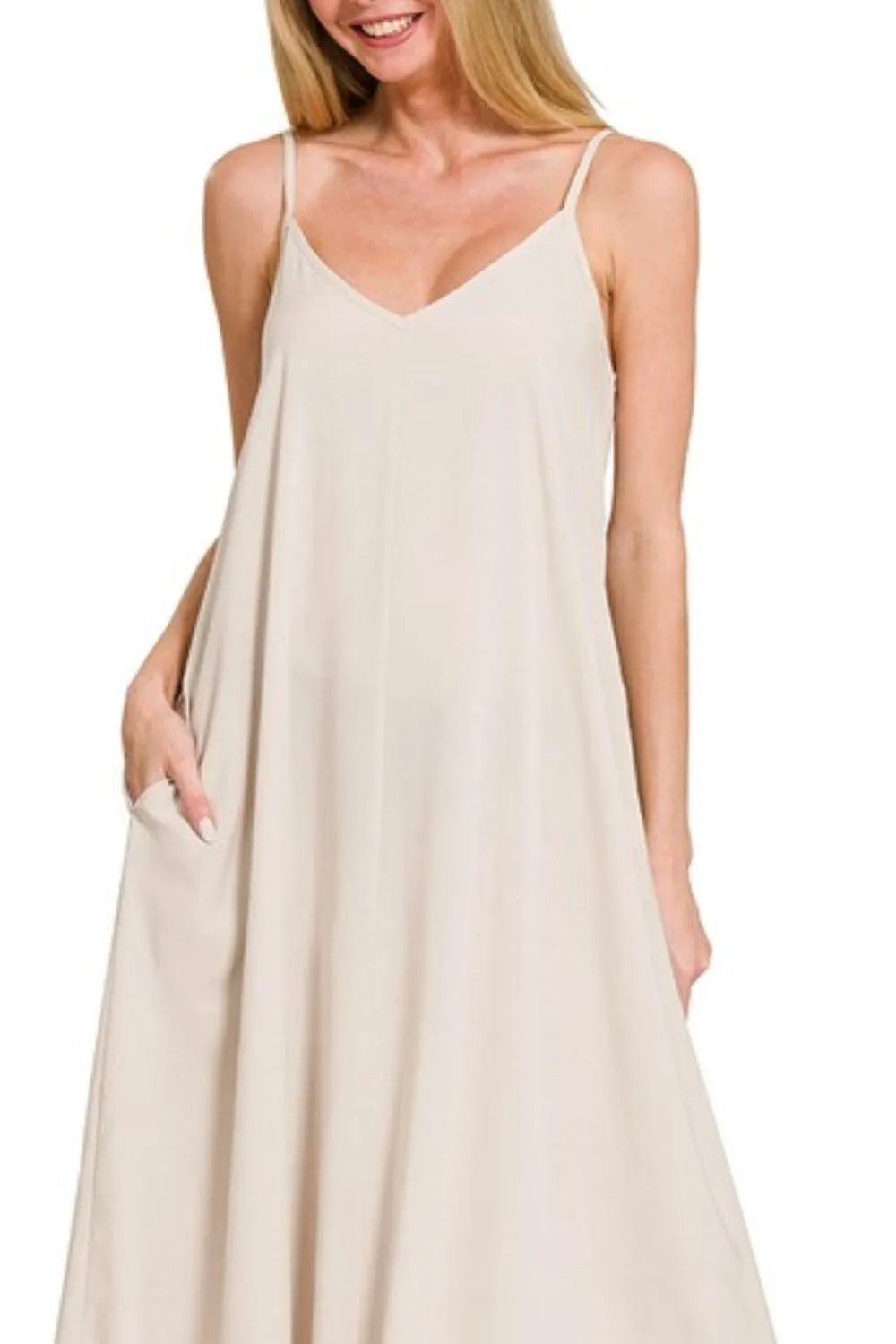 Woven Arc Hem Cami Dress With Flowy Pockets