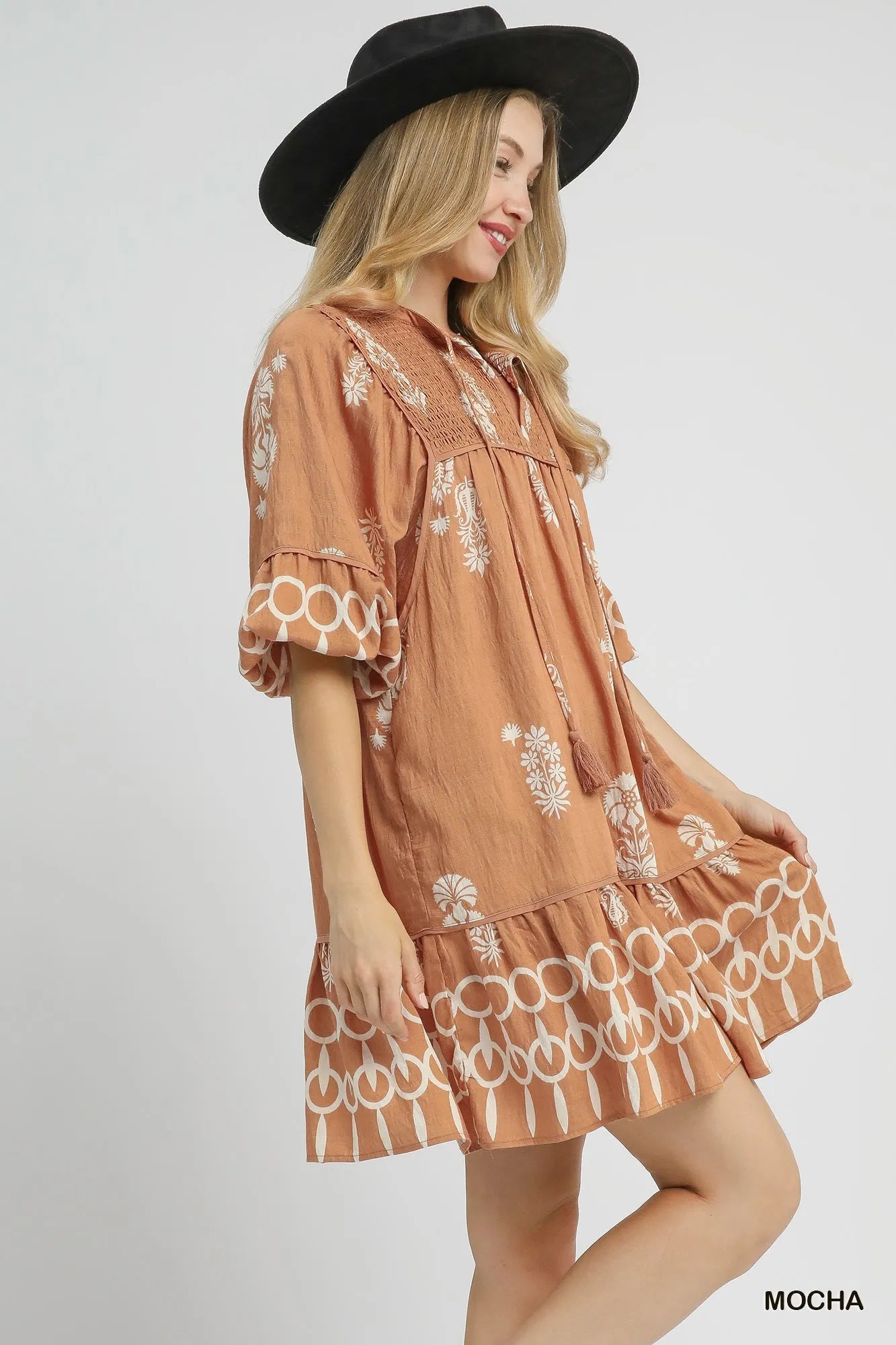 Boarder Print Tassel Tie Neck Mini Dress