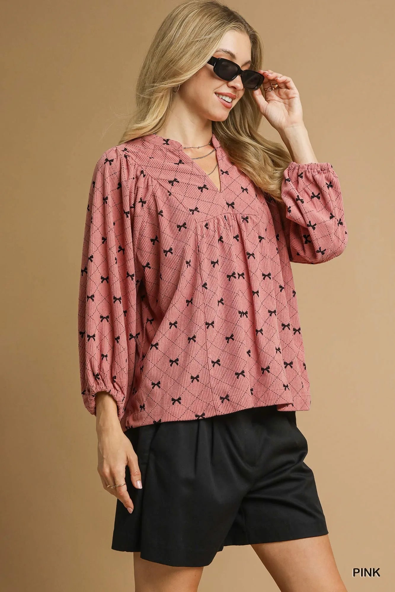 Corduroy Bow Print Balloon Sleeve Blouse