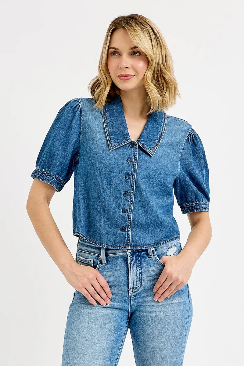 Button Down Puff Sleeve Crop Denim Shirt