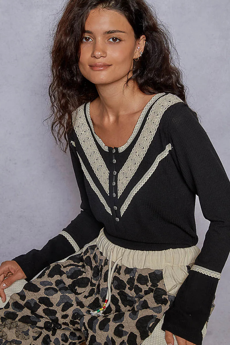 Ribbed Half Button Lace Detail Knit Top