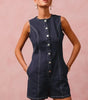 Button Up Front Washed Denim Sleeveless Romper