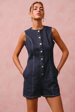 Button Up Front Washed Denim Sleeveless Romper