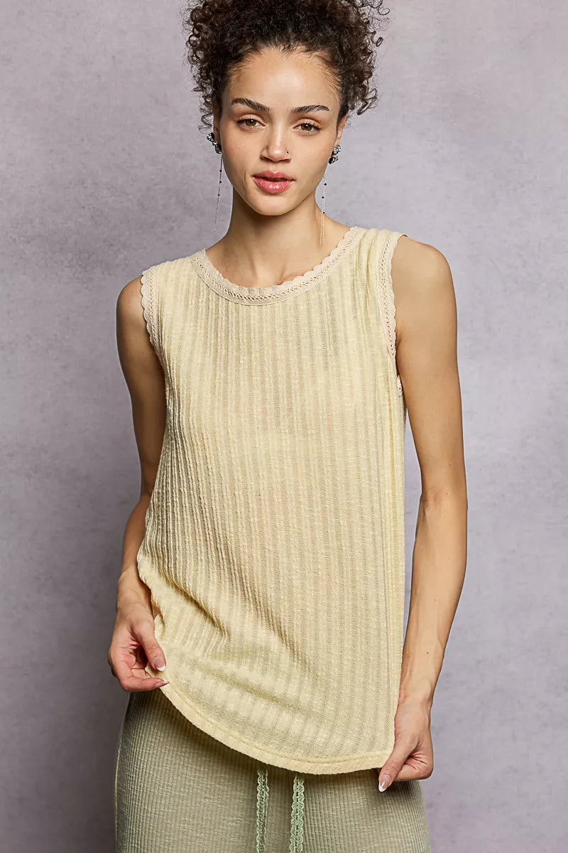 Ribbed Round Neck Tank with Lace Trim