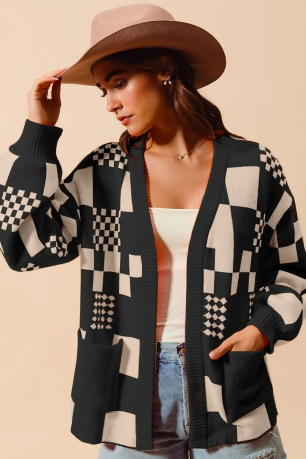 Checkered Open Front Cardigan with Pockets