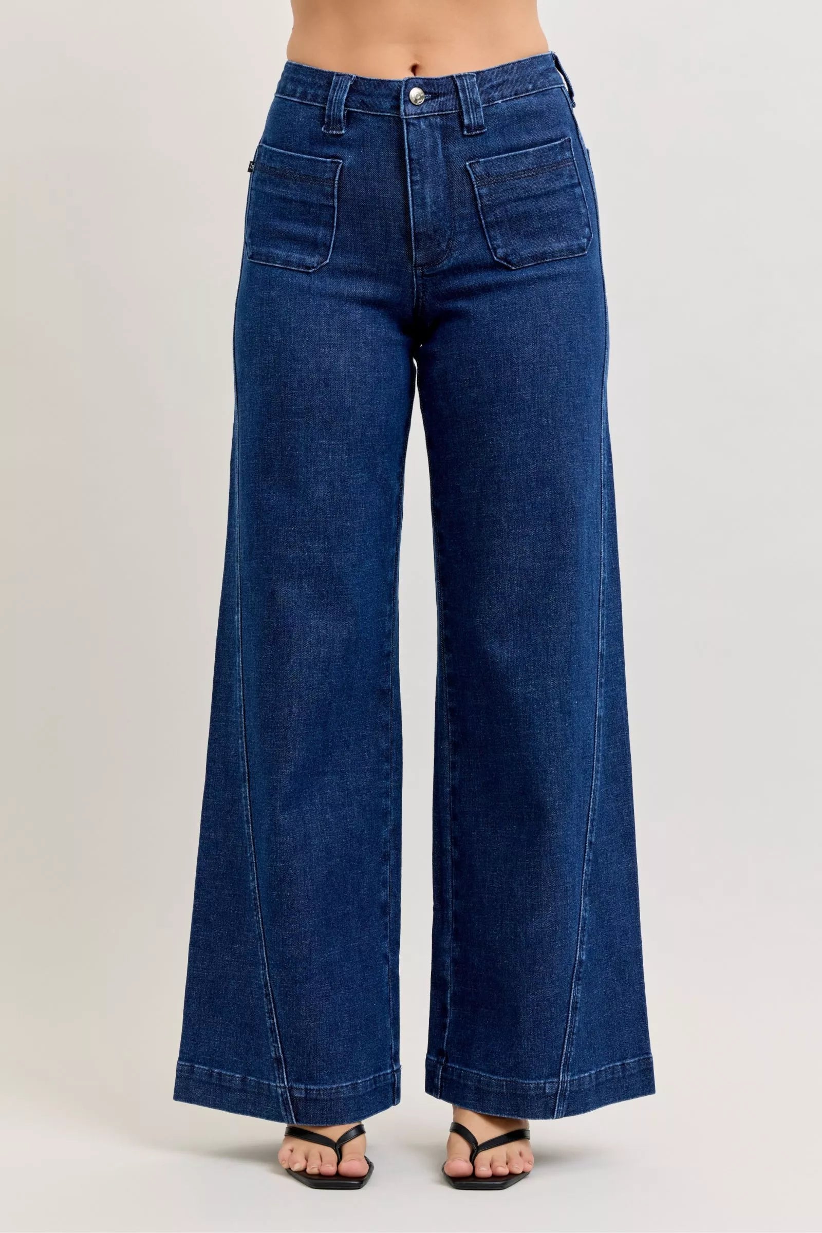 High-Waisted Retro Wide Jeans with Patch Pkts & Twisted Seams