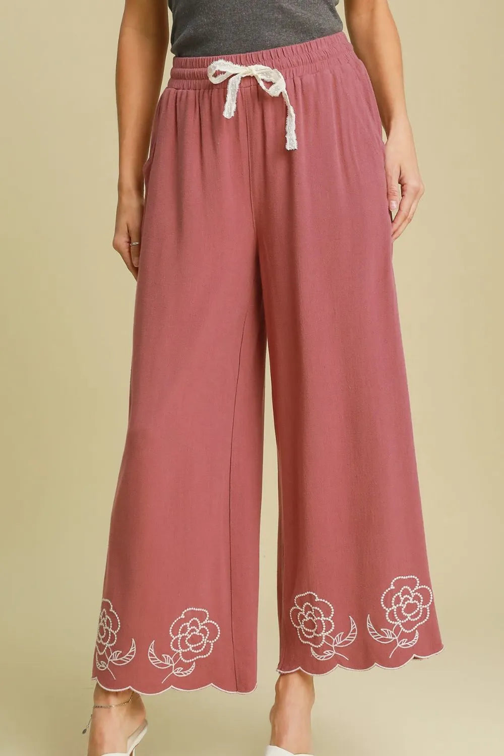 Full Size Linen Blend Wide Leg Pants with Scalloped Hemline Plus Size