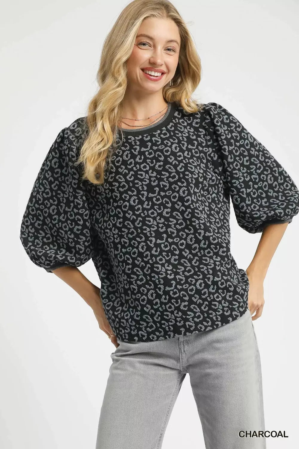Leopard Print Jacquard Blouse with Puff Sleeves