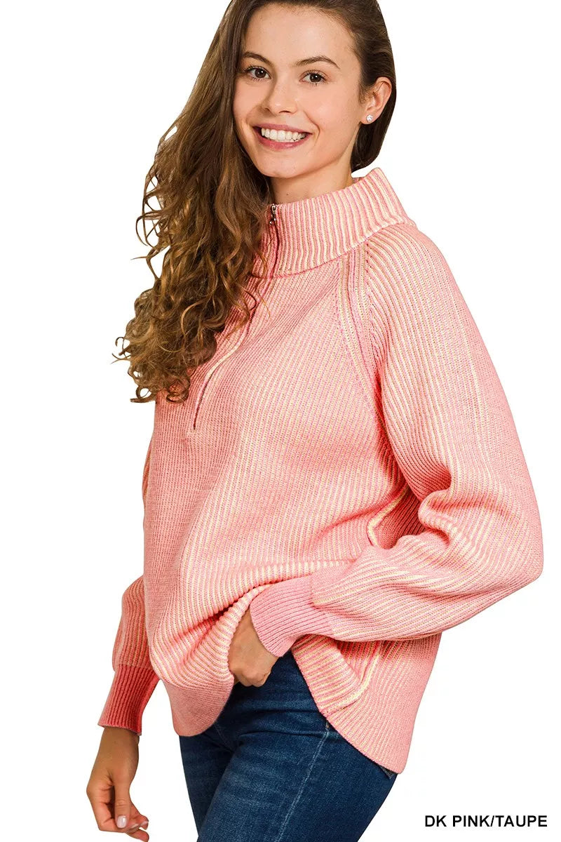 Ribbed Two Tone Half Zip Sweater