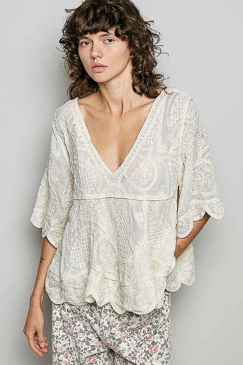 V-Neck Crochet Blouse with Scalloped Hem