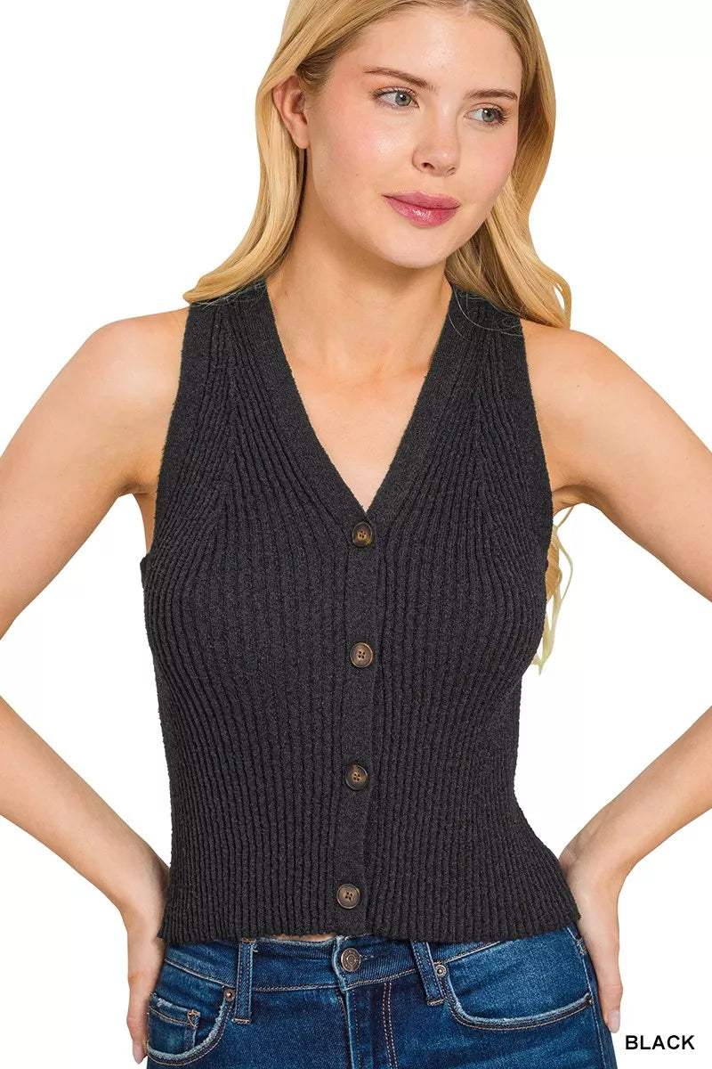 Ribbed Knit Button-Down Sweater Vest