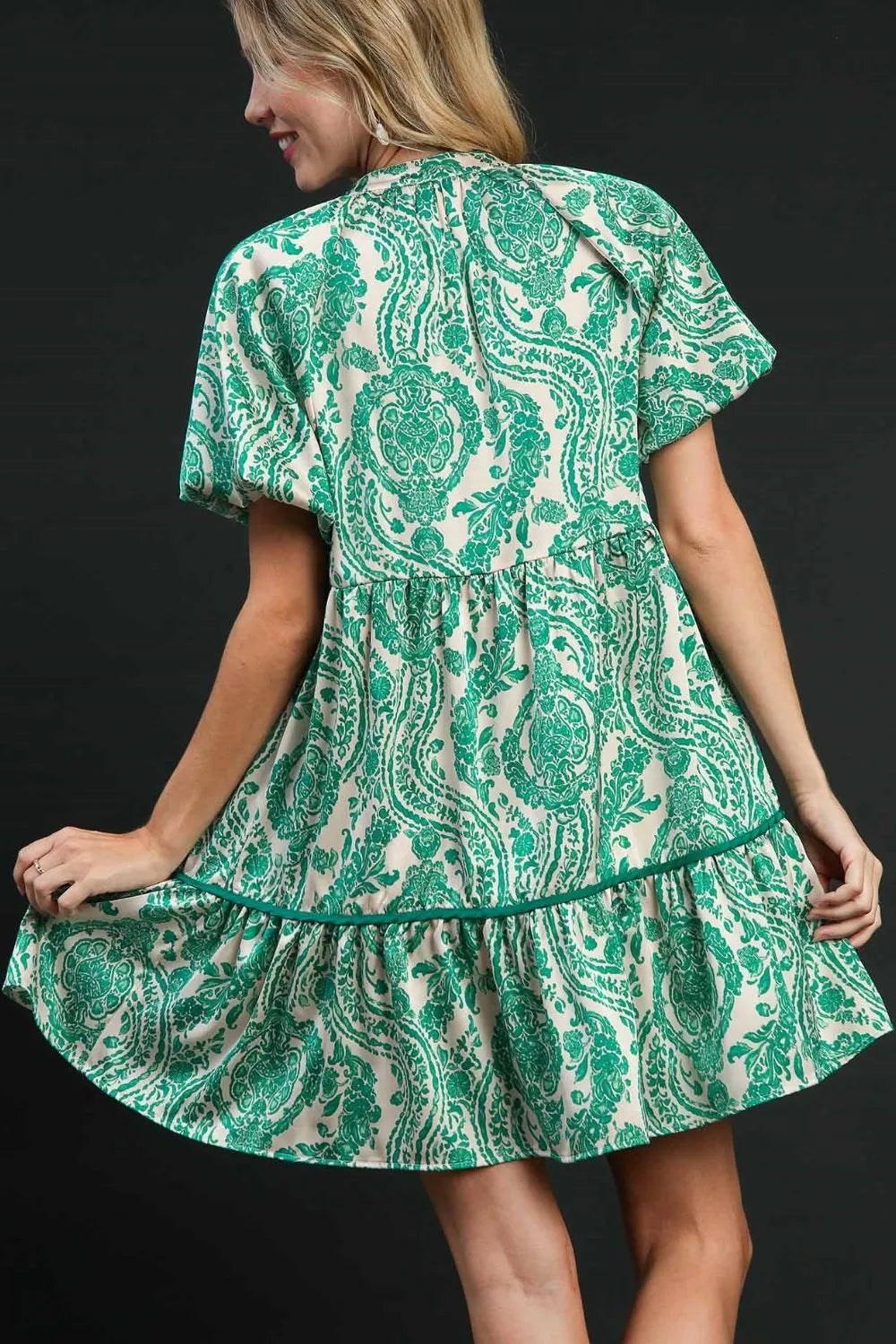 Full Size Printed Notched Puff Sleeve Mini Dress Plus Size