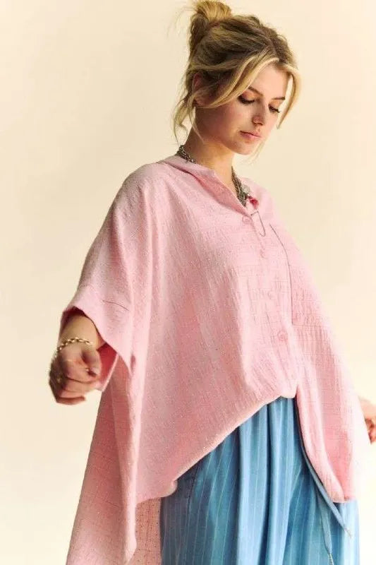 Rhinestone Pleat Back Short Sleeve Loose Fit Shirt