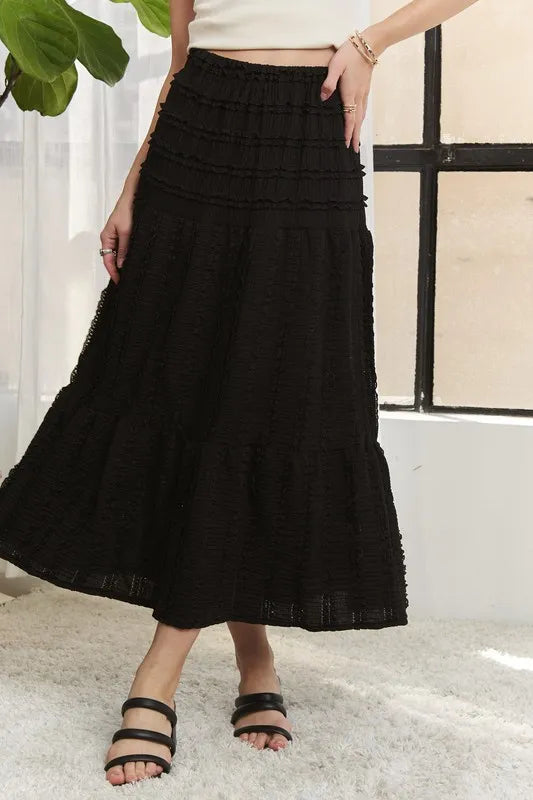 Elastic Waistband Tiered Midi Skirt
