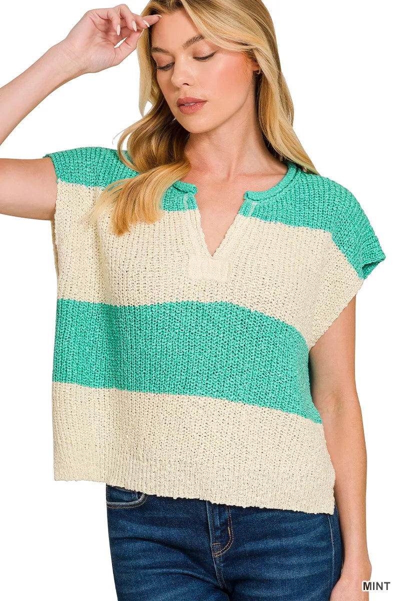 Split Neck Sleeveless Stripe Sweater