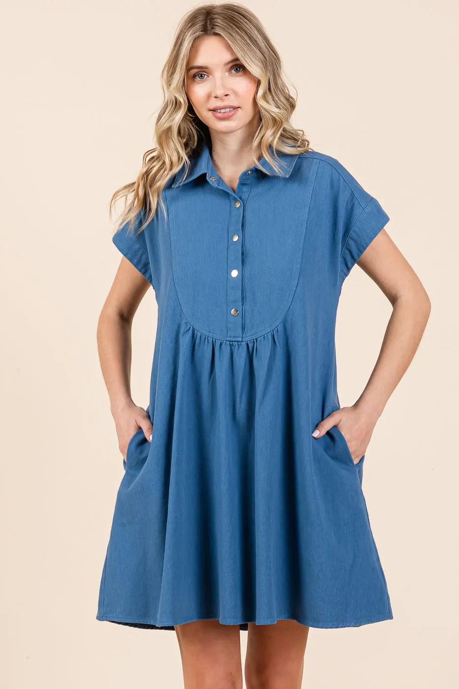 Twill Short Sleeve Collared Mini Dress