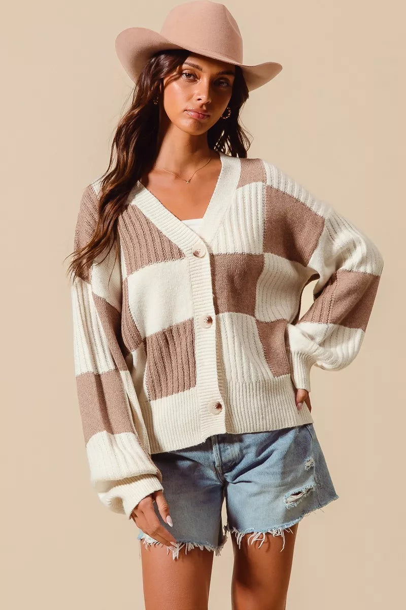 Checkered Button Front Ribbed Sweater Cardigan