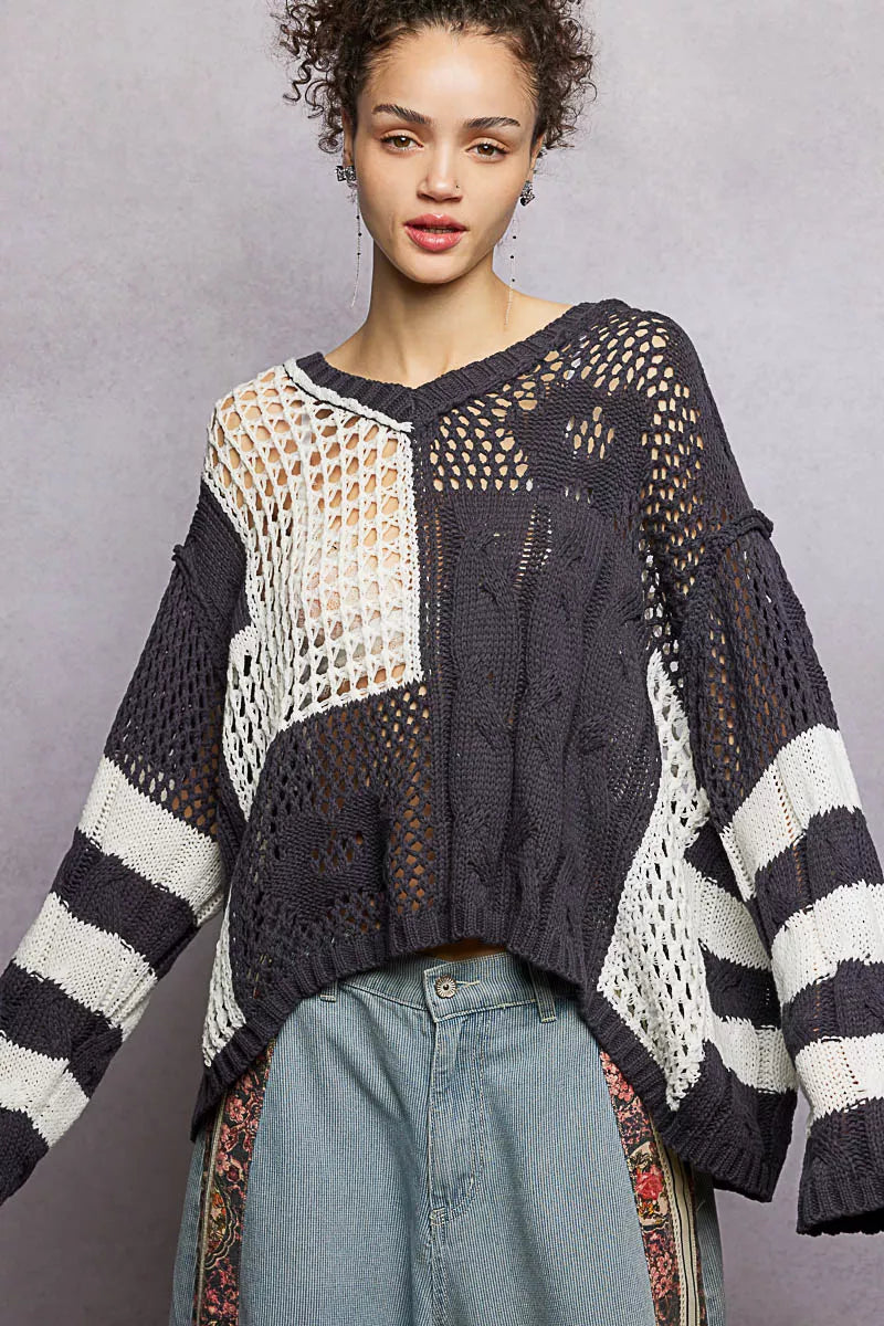 Color-Blocked Stripe Pattern Knit Top with Twisted Weave