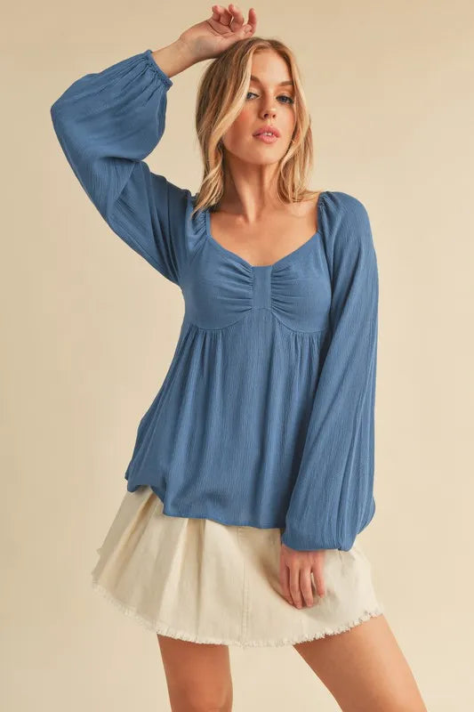 Ruched Sweetheart Neck Balloon Sleeve Blouse