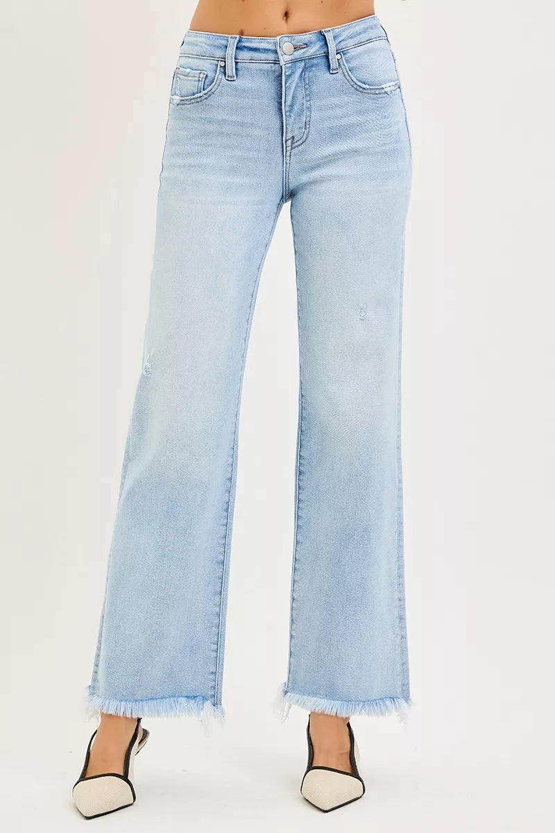 Tummy Control Mid Rise Ankle Straight Fray Hem Jeans