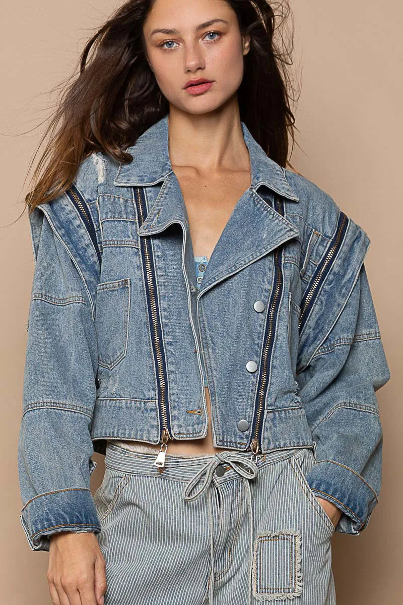 Cropped Denim Jacket with Functional Zipper Detail