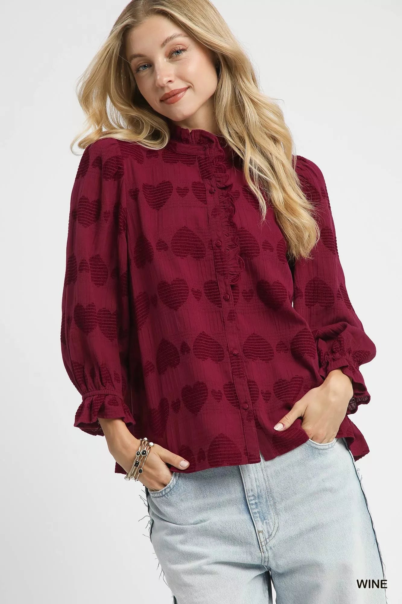 Heart Jacquard Ruffle Trim Shirt