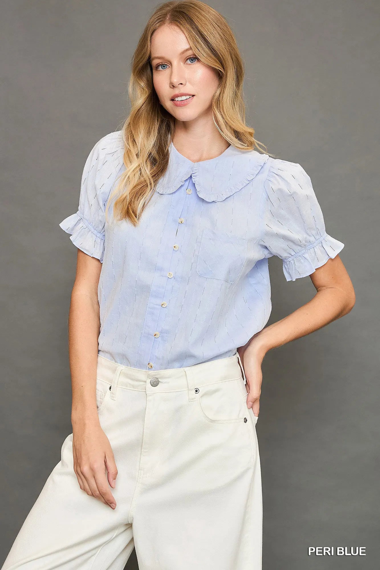 Peter Pan Collared Button Down Textured Shirt with Ruffled Detail