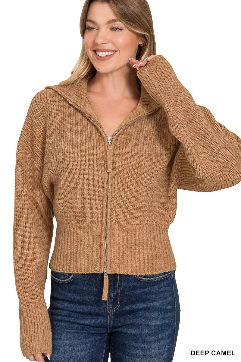 Ribbed Collared Zip Up Sweater Cardigan
