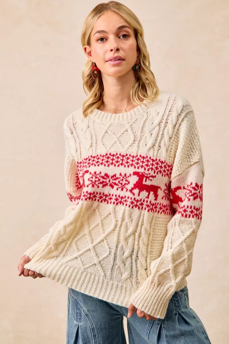 Christmas Theme Patterned Cable Knit Sweater